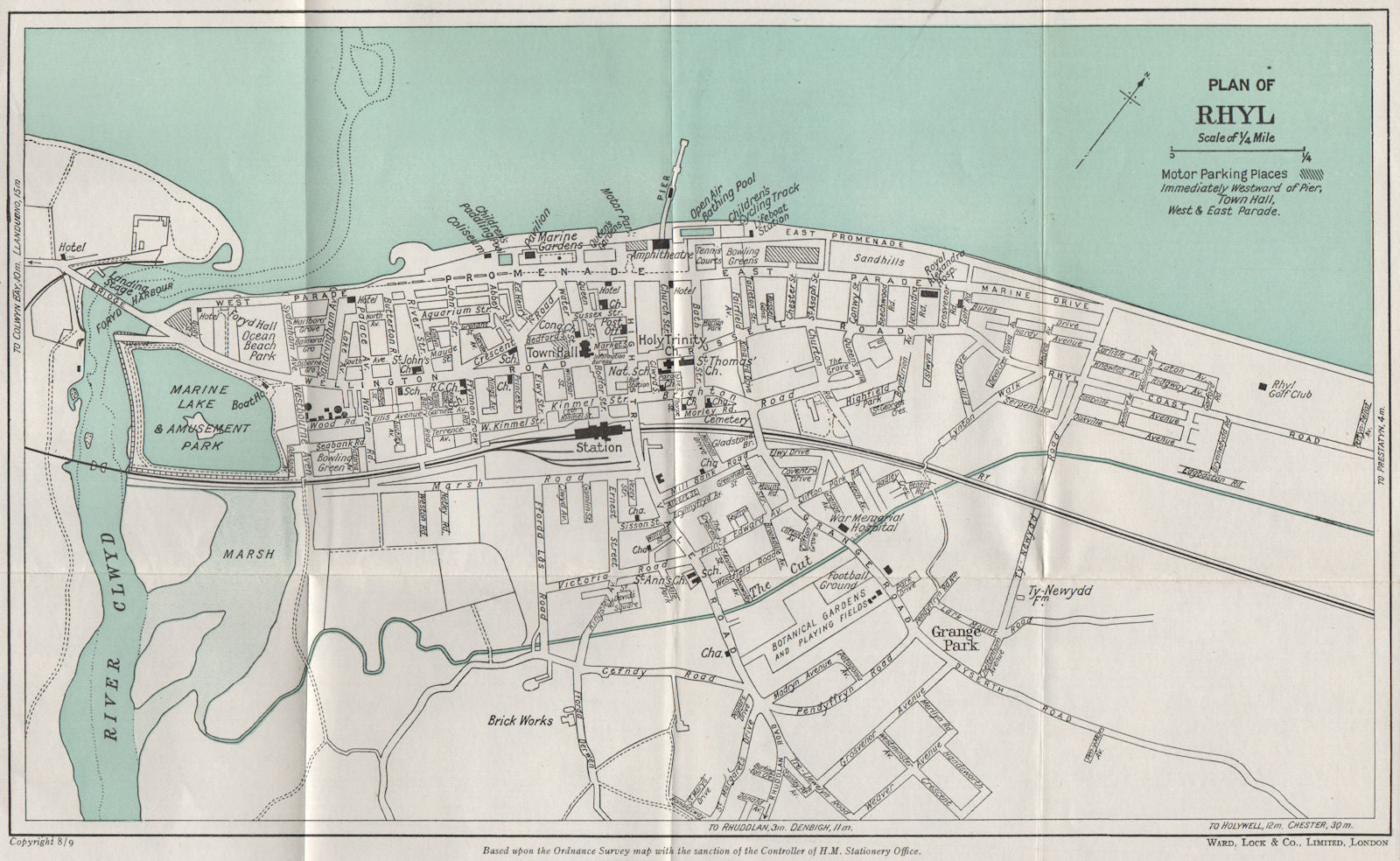 RHYL vintage town/city plan. Wales. WARD LOCK 1950 old vintage map chart